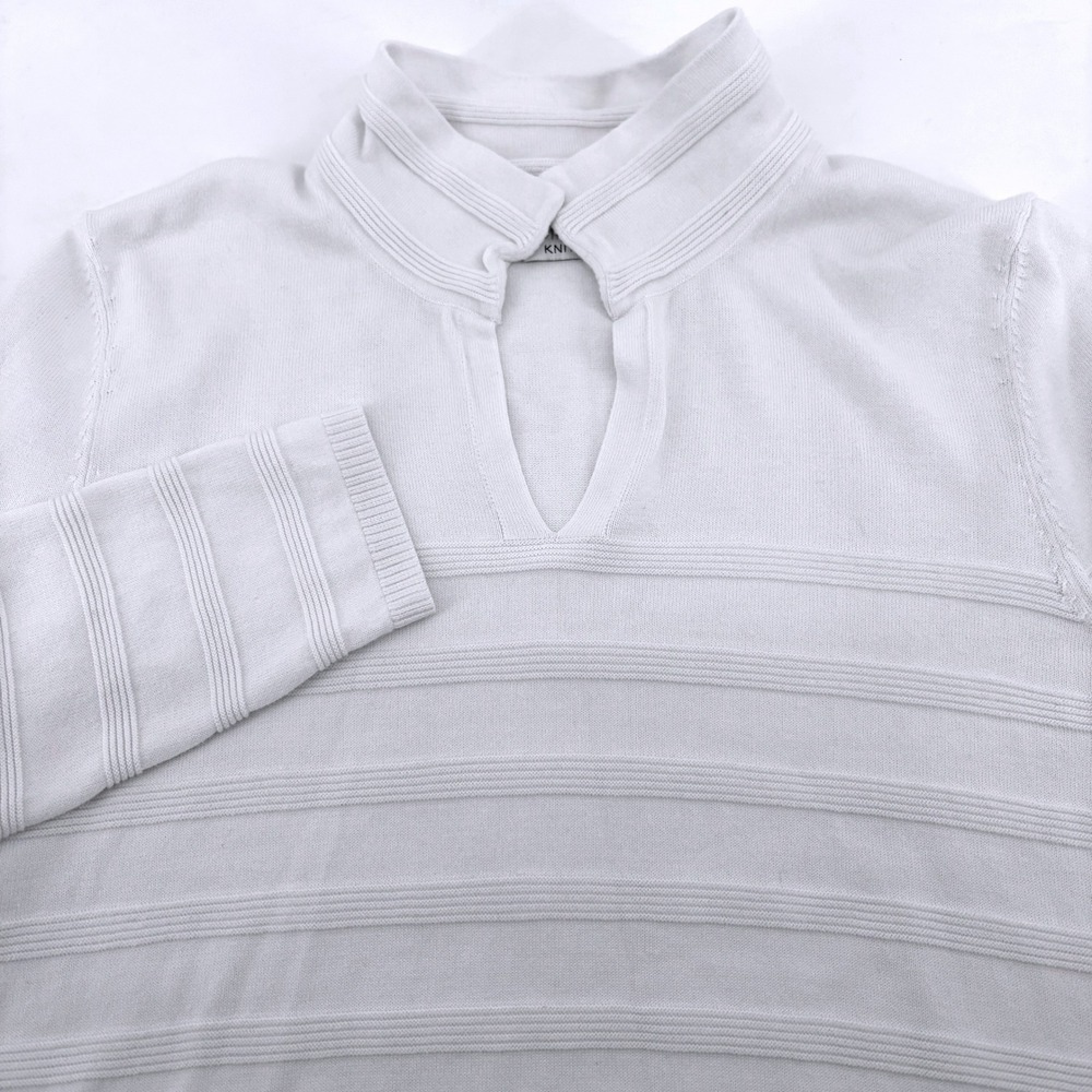 Edinburgh Knitwear White 100% Pima Cotton Split Neck Textured Rib Sweater Large